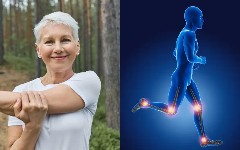 Smiling woman stretching her arm in a forest, paired with an illustration of a human body highlighting knee joints, underlining tips to stay active and prevent bone aches in cold weather