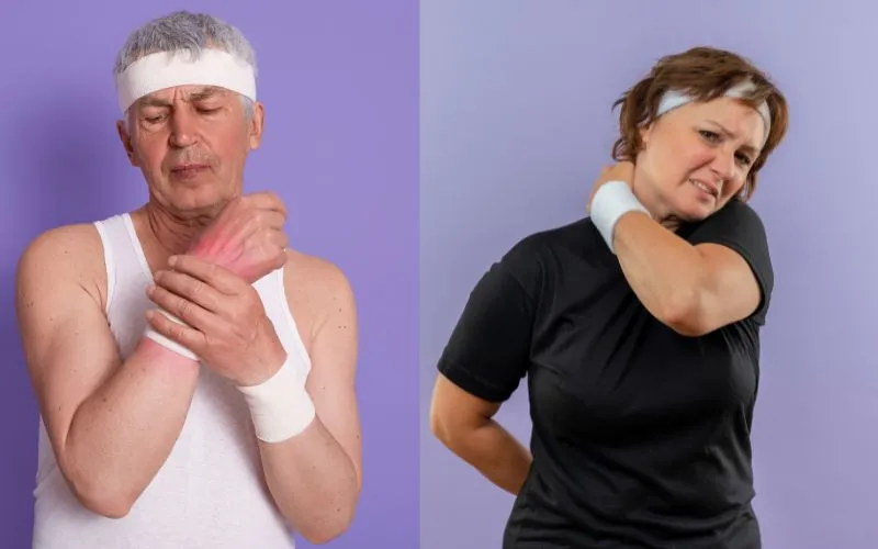 Man and woman showing wrist and neck pain in athletic wear, representing stretches and techniques to prevent bone aches in colder climates