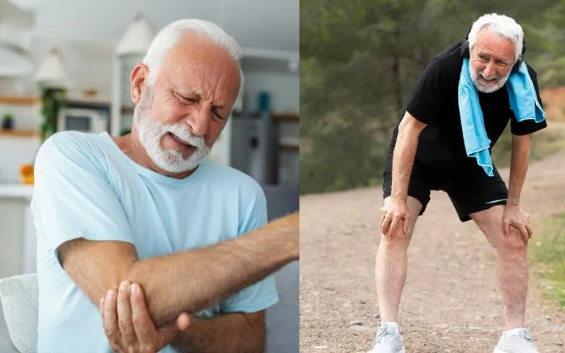 Man and woman showing wrist and neck pain in athletic wear, representing stretches and techniques to prevent bone aches in colder climates